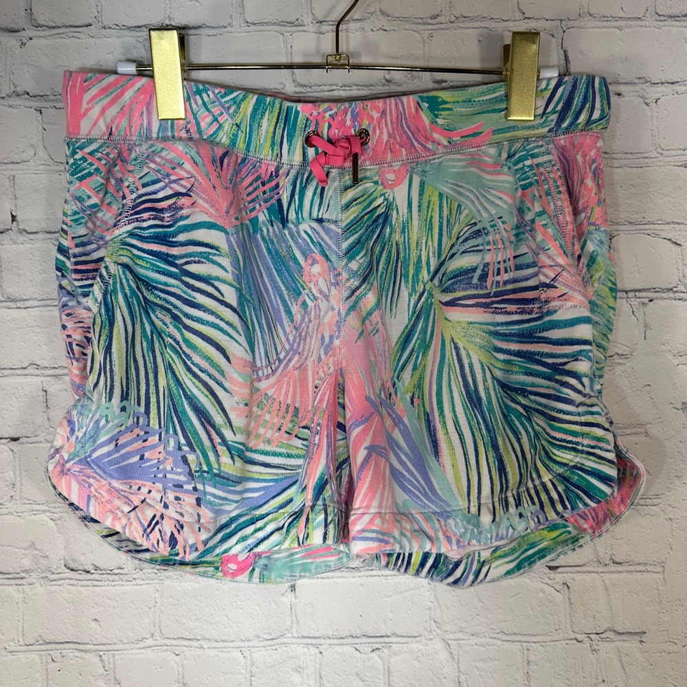Lilly Pulitzer Women Small Tropical Palm Knit Shorts Pink Blue French Terry